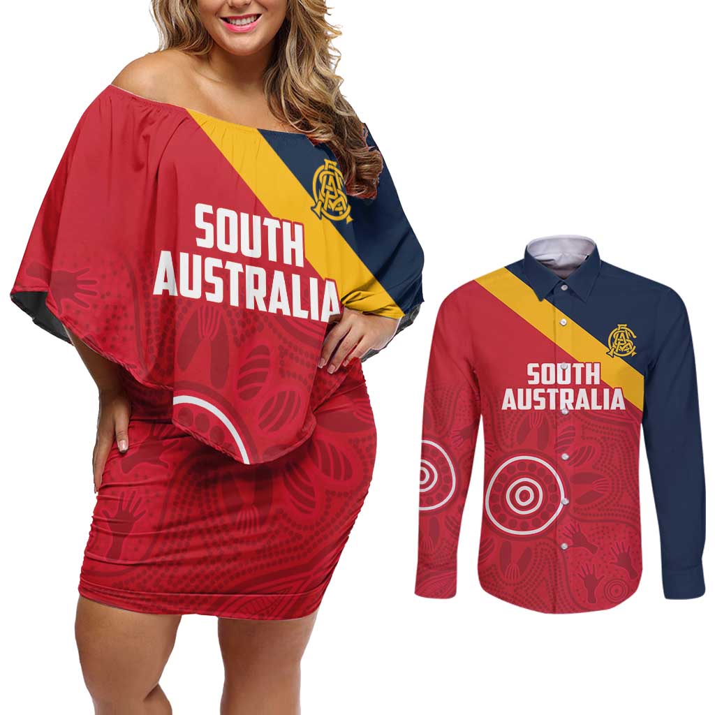 Custom South Australia Cricket Couples Matching Off Shoulder Short Dress and Long Sleeve Button Shirt Go Champions - Aboriginal Art