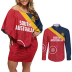 Custom South Australia Cricket Couples Matching Off Shoulder Short Dress and Long Sleeve Button Shirt Go Champions - Aboriginal Art