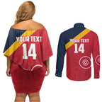 Custom South Australia Cricket Couples Matching Off Shoulder Short Dress and Long Sleeve Button Shirt Go Champions - Aboriginal Art
