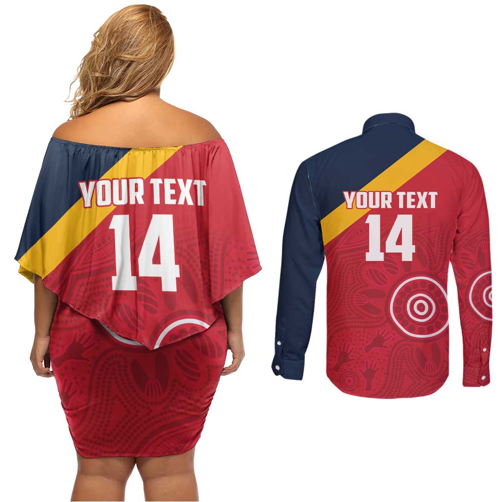 Custom South Australia Cricket Couples Matching Off Shoulder Short Dress and Long Sleeve Button Shirt Go Champions - Aboriginal Art