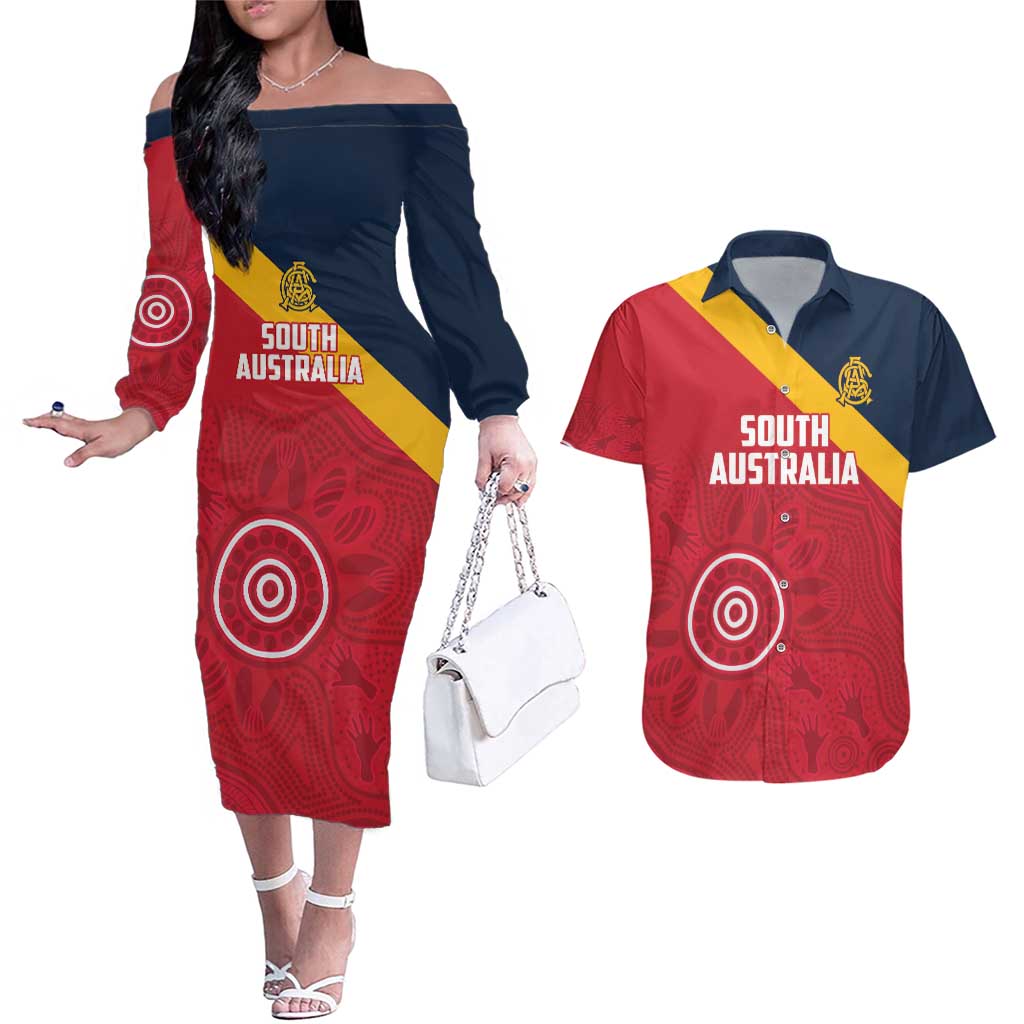 Custom South Australia Cricket Couples Matching Off The Shoulder Long Sleeve Dress and Hawaiian Shirt Go Champions - Aboriginal Art
