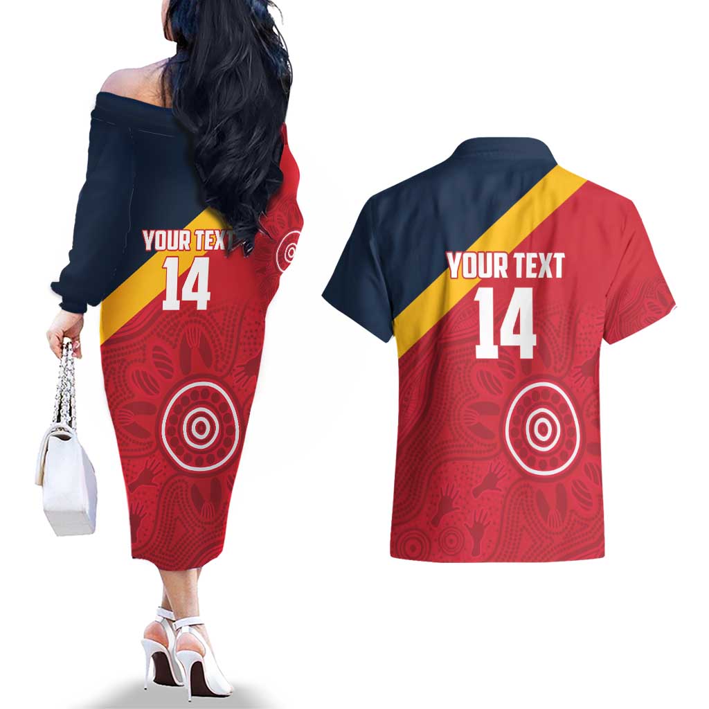 Custom South Australia Cricket Couples Matching Off The Shoulder Long Sleeve Dress and Hawaiian Shirt Go Champions - Aboriginal Art