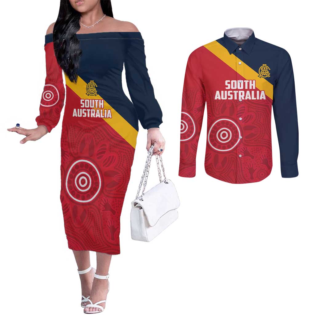 Custom South Australia Cricket Couples Matching Off The Shoulder Long Sleeve Dress and Long Sleeve Button Shirt Go Champions - Aboriginal Art