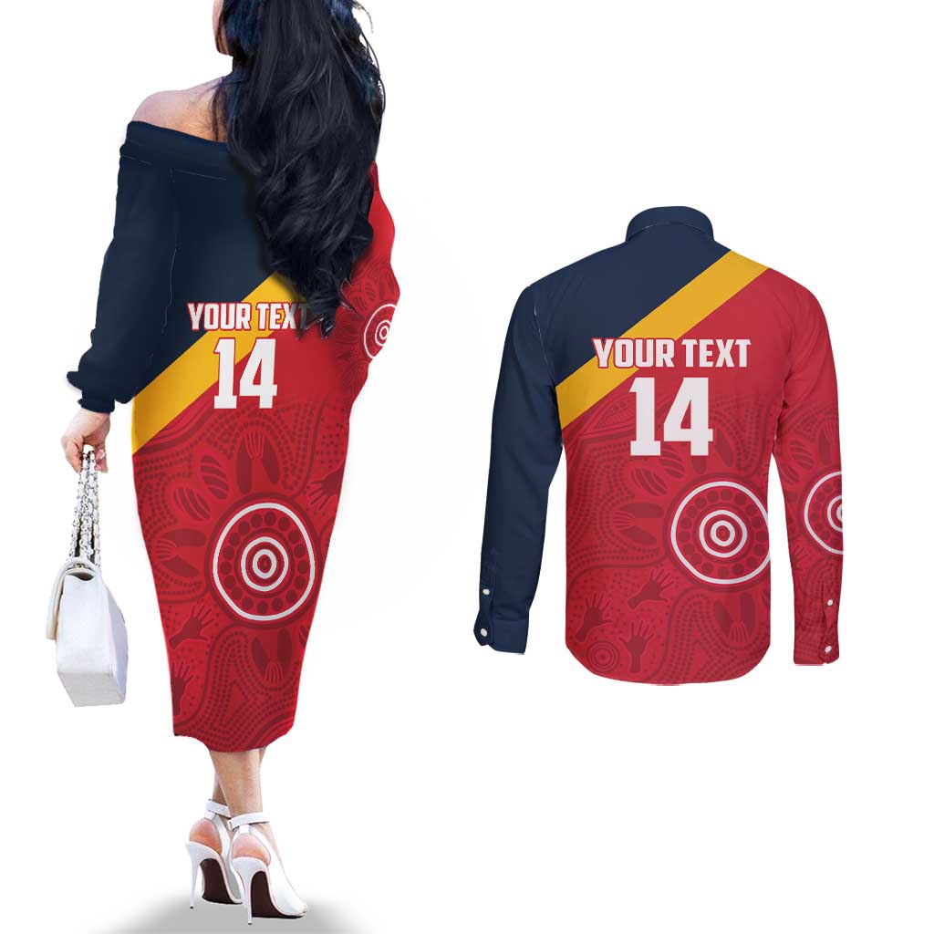 Custom South Australia Cricket Couples Matching Off The Shoulder Long Sleeve Dress and Long Sleeve Button Shirt Go Champions - Aboriginal Art