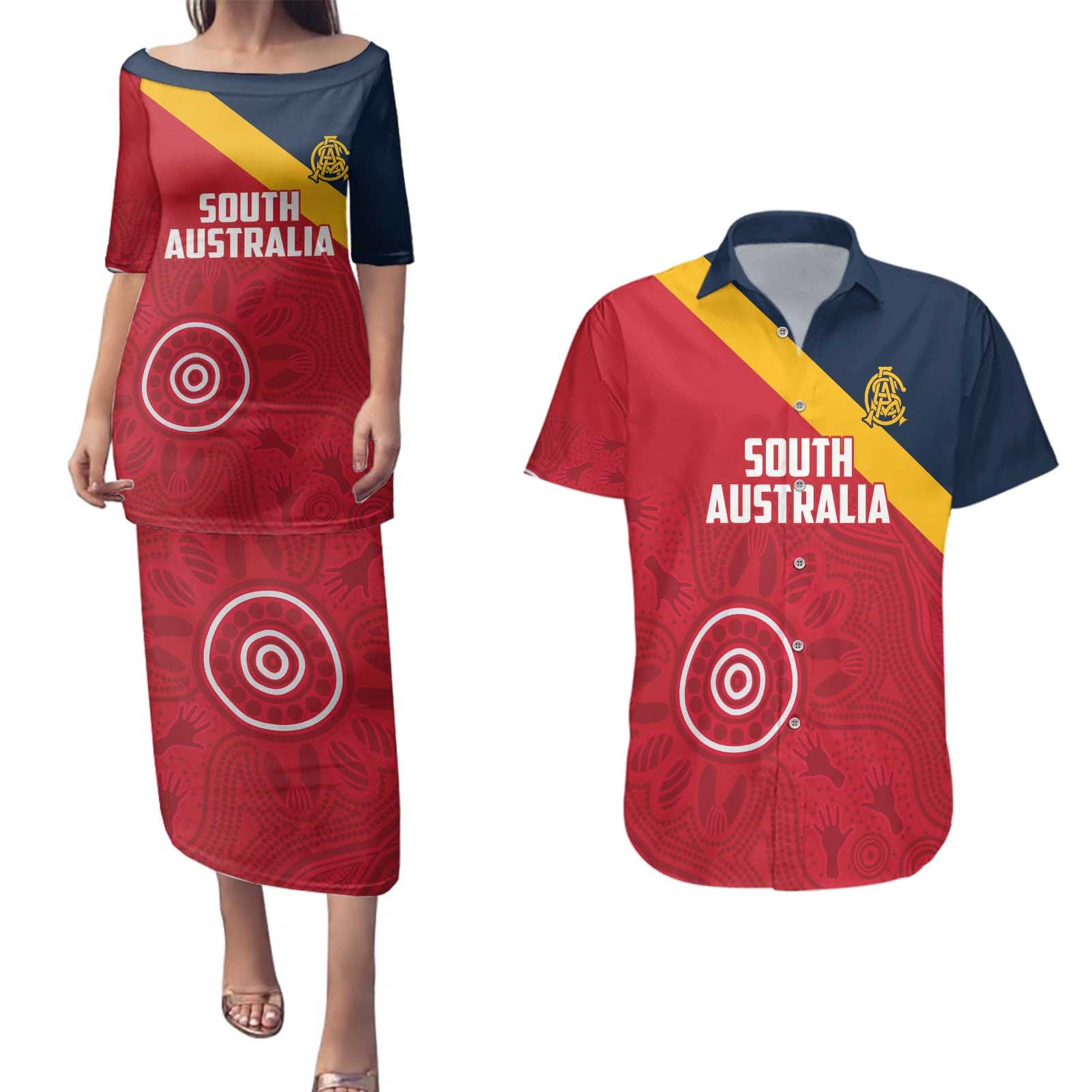 Custom South Australia Cricket Couples Matching Puletasi and Hawaiian Shirt Go Champions - Aboriginal Art