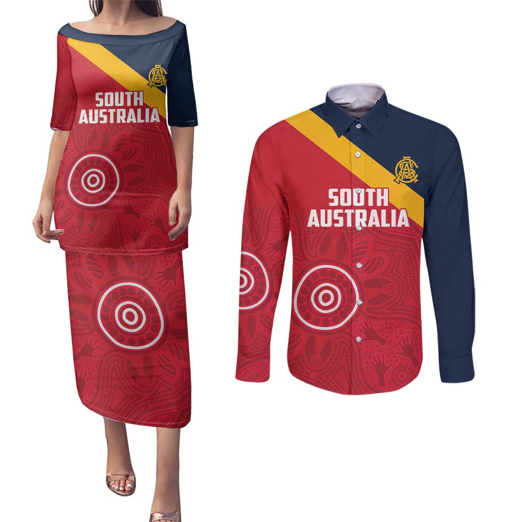 Custom South Australia Cricket Couples Matching Puletasi and Long Sleeve Button Shirt Go Champions - Aboriginal Art