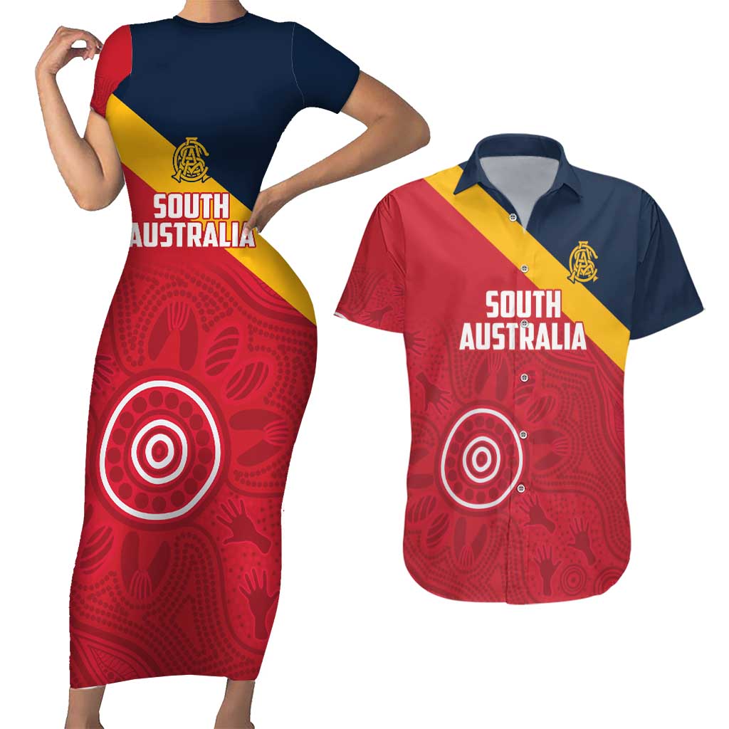 Custom South Australia Cricket Couples Matching Short Sleeve Bodycon Dress and Hawaiian Shirt Go Champions - Aboriginal Art