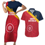 Custom South Australia Cricket Couples Matching Short Sleeve Bodycon Dress and Hawaiian Shirt Go Champions - Aboriginal Art