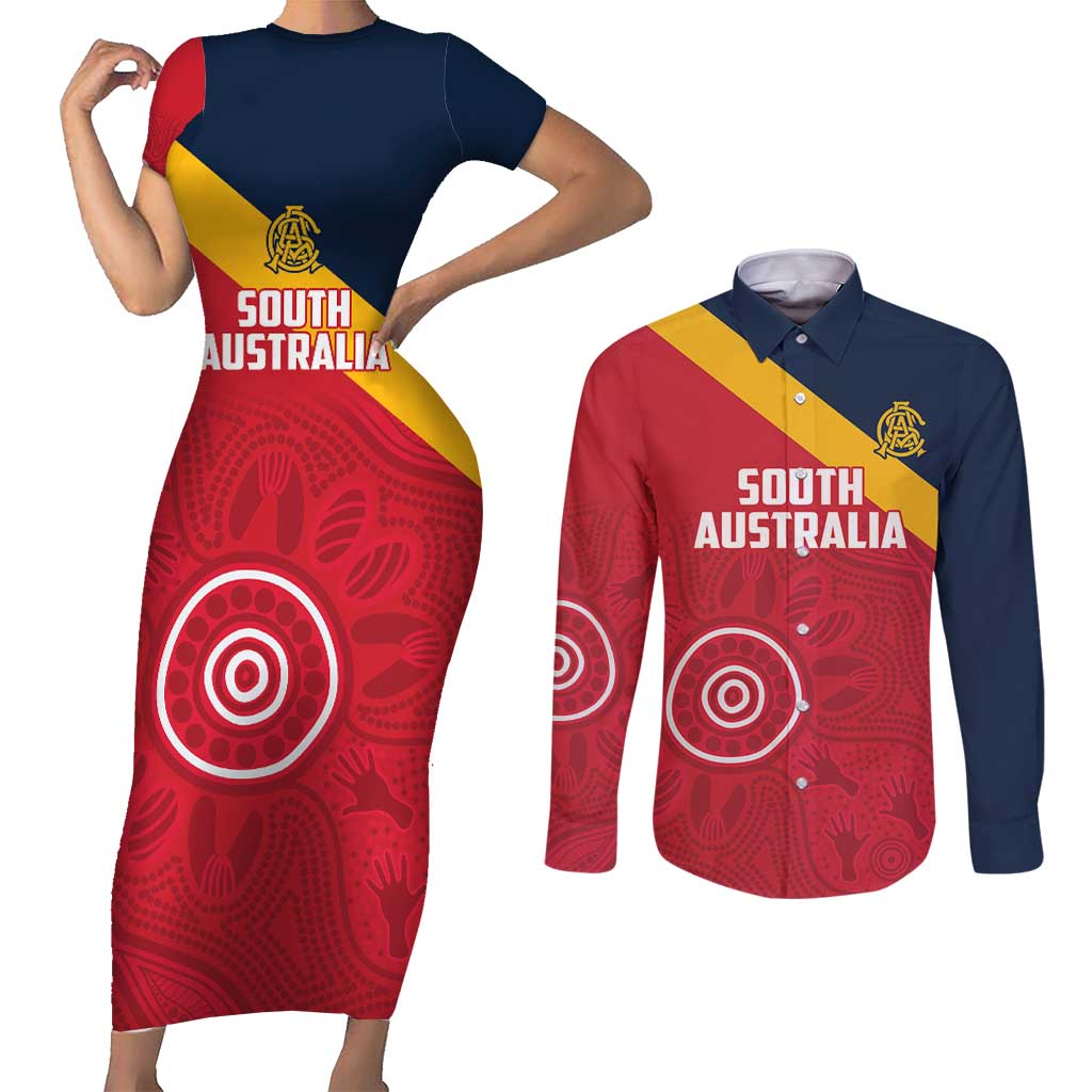 Custom South Australia Cricket Couples Matching Short Sleeve Bodycon Dress and Long Sleeve Button Shirt Go Champions - Aboriginal Art