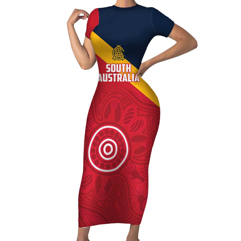 Custom South Australia Cricket Family Matching Short Sleeve Bodycon Dress and Hawaiian Shirt Go Champions - Aboriginal Art