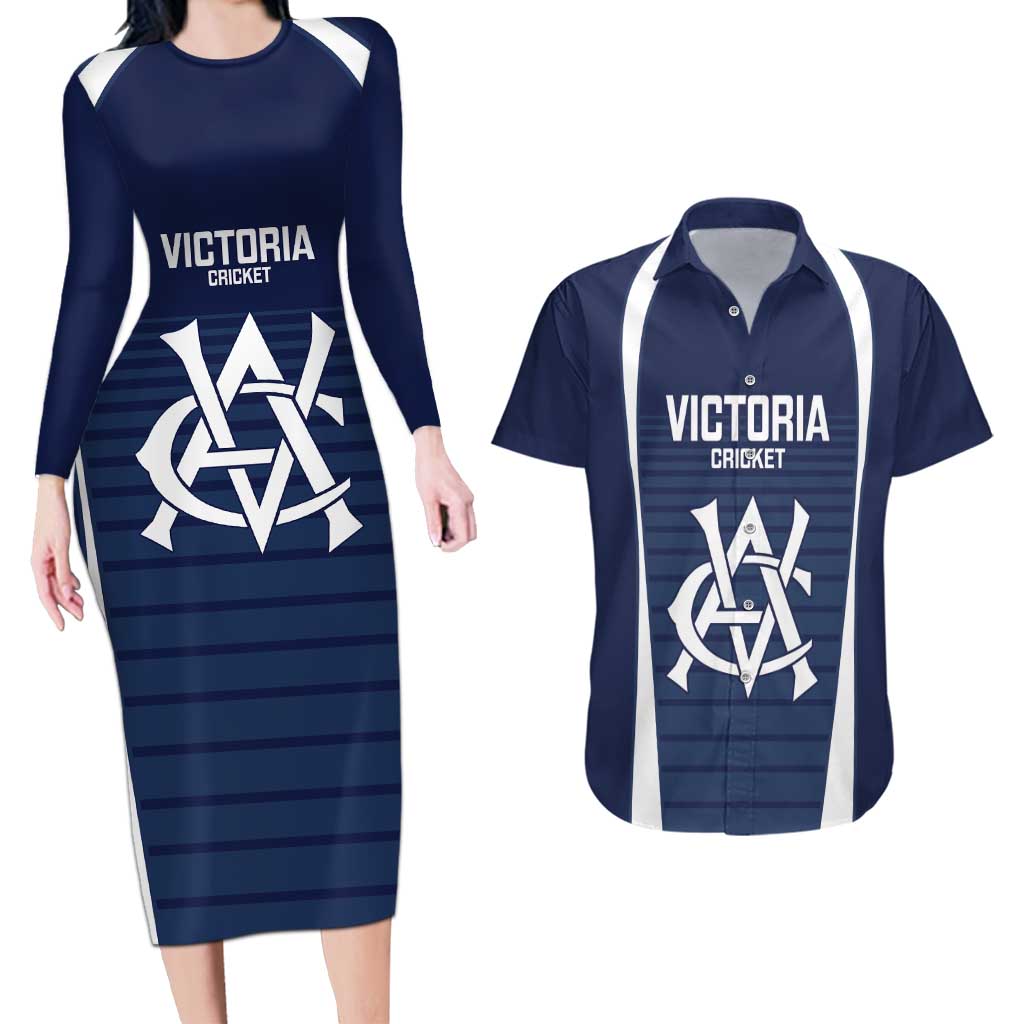 Custom Victoria Cricket Couples Matching Long Sleeve Bodycon Dress and Hawaiian Shirt Go Champions - Sporty Style