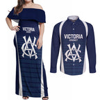Custom Victoria Cricket Couples Matching Off Shoulder Maxi Dress and Long Sleeve Button Shirt Go Champions - Sporty Style