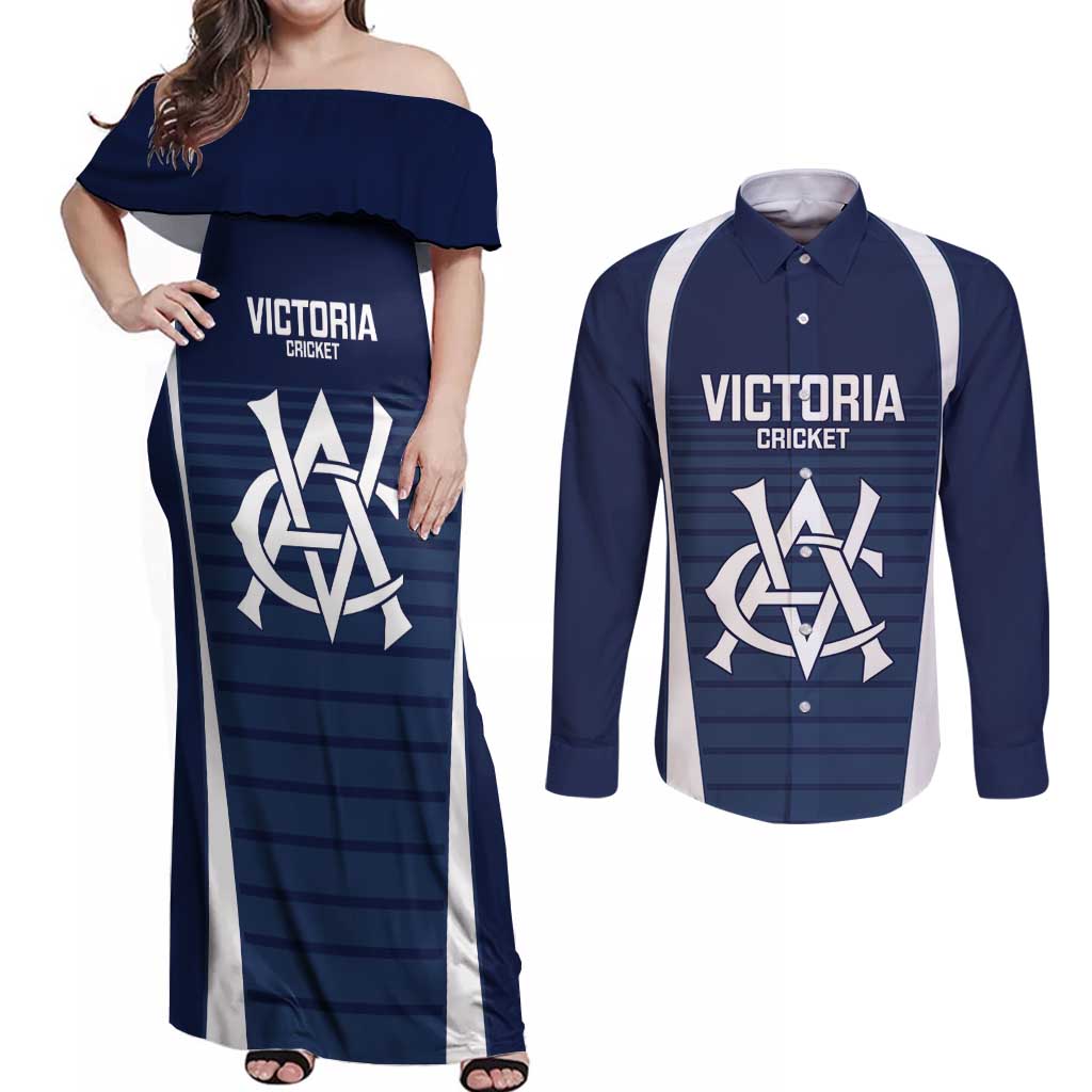 Custom Victoria Cricket Couples Matching Off Shoulder Maxi Dress and Long Sleeve Button Shirt Go Champions - Sporty Style