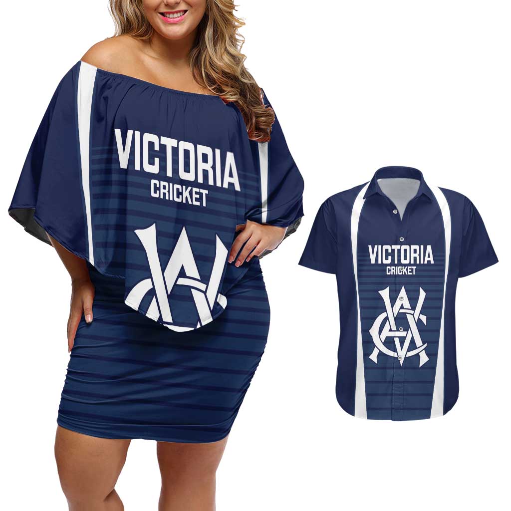 Custom Victoria Cricket Couples Matching Off Shoulder Short Dress and Hawaiian Shirt Go Champions - Sporty Style