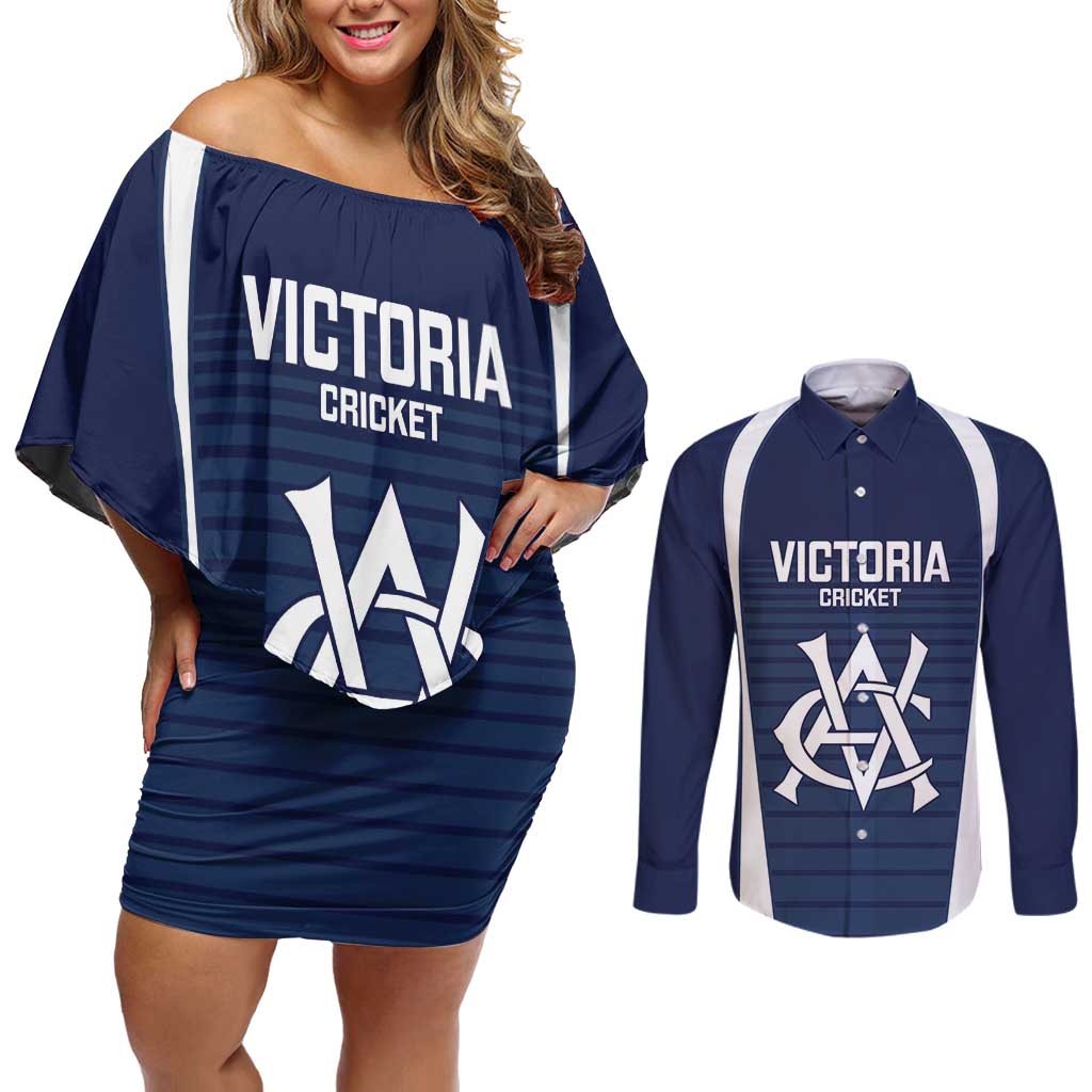 Custom Victoria Cricket Couples Matching Off Shoulder Short Dress and Long Sleeve Button Shirt Go Champions - Sporty Style