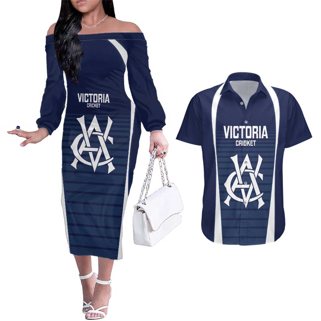 Custom Victoria Cricket Couples Matching Off The Shoulder Long Sleeve Dress and Hawaiian Shirt Go Champions - Sporty Style