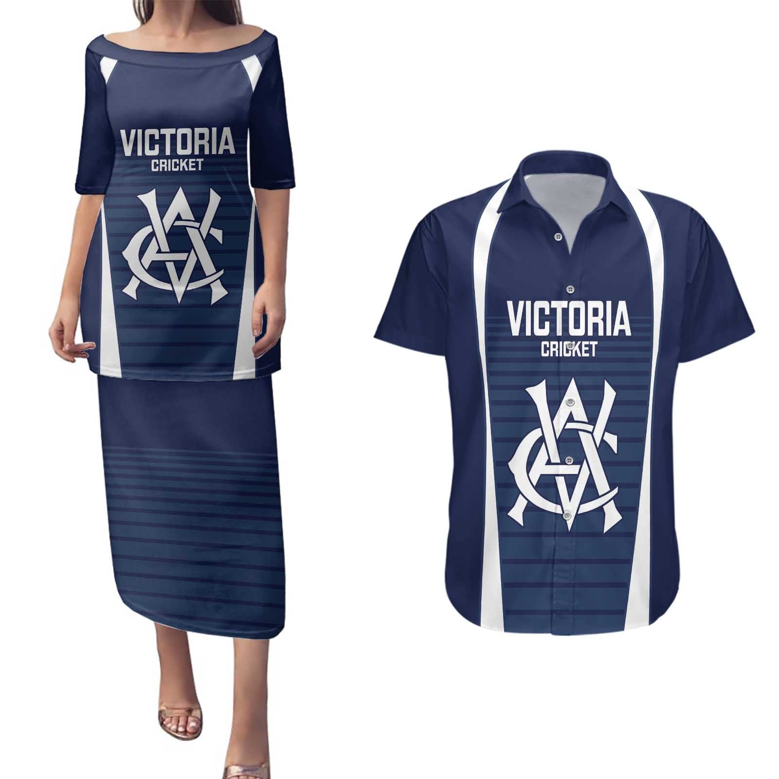 Custom Victoria Cricket Couples Matching Puletasi and Hawaiian Shirt Go Champions - Sporty Style