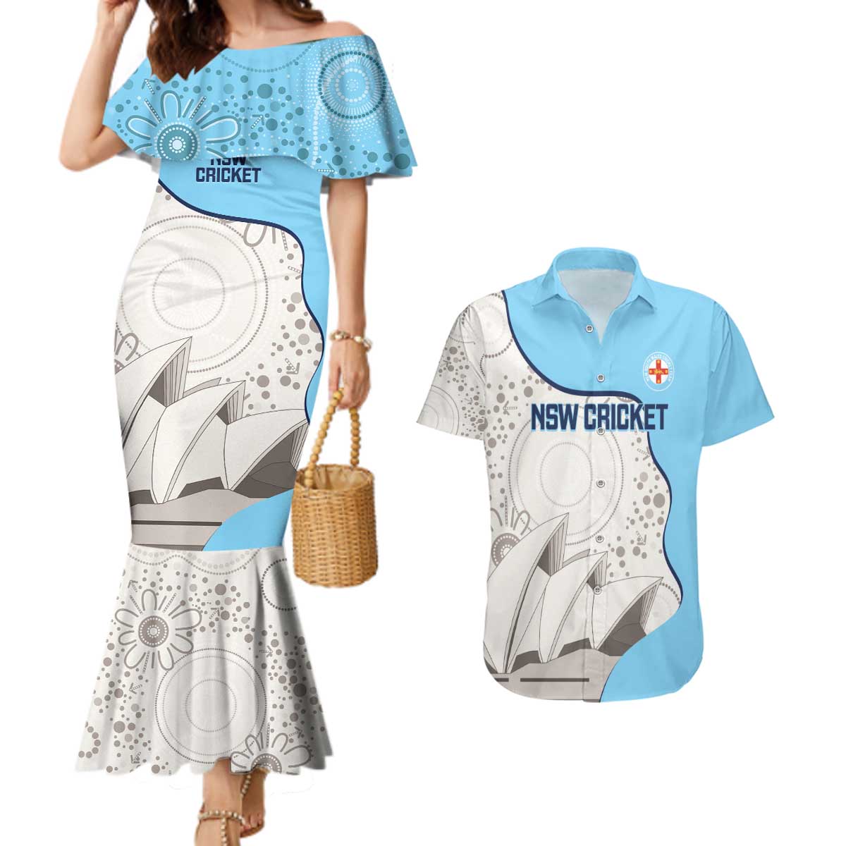 Custom New South Wales Cricket Couples Matching Mermaid Dress and Hawaiian Shirt Go NSW - Aboriginal Art