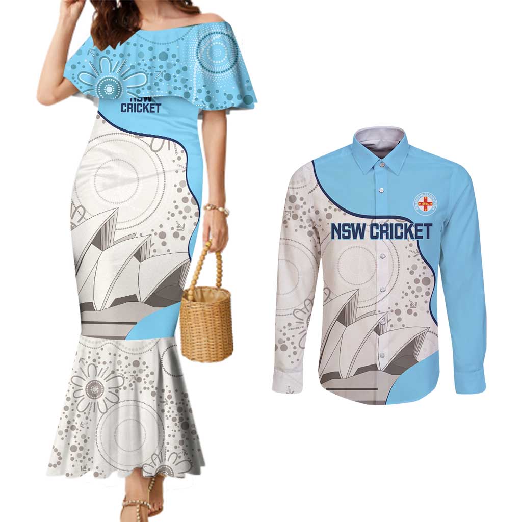Custom New South Wales Cricket Couples Matching Mermaid Dress and Long Sleeve Button Shirt Go NSW - Aboriginal Art