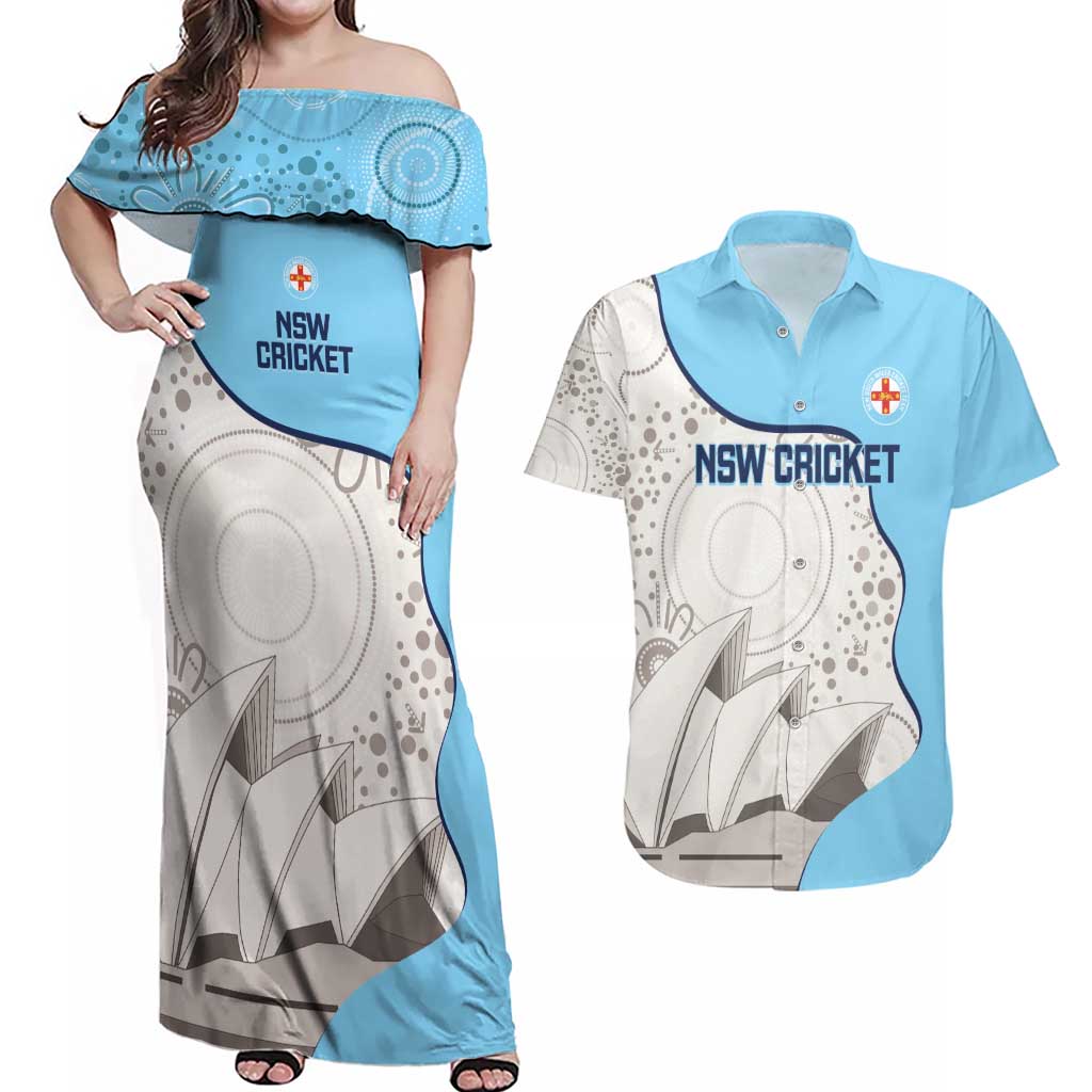 Custom New South Wales Cricket Couples Matching Off Shoulder Maxi Dress and Hawaiian Shirt Go NSW - Aboriginal Art