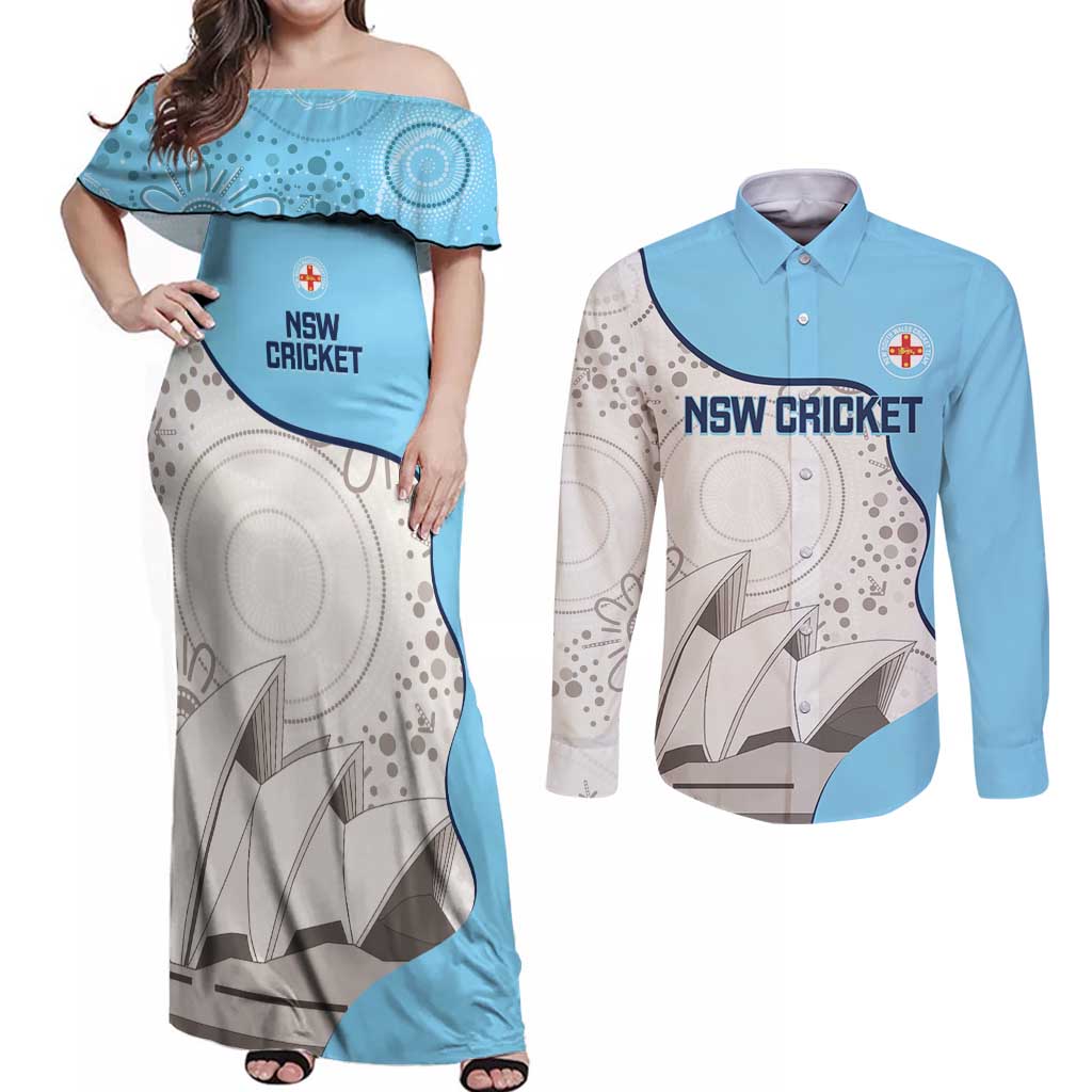 Custom New South Wales Cricket Couples Matching Off Shoulder Maxi Dress and Long Sleeve Button Shirt Go NSW - Aboriginal Art