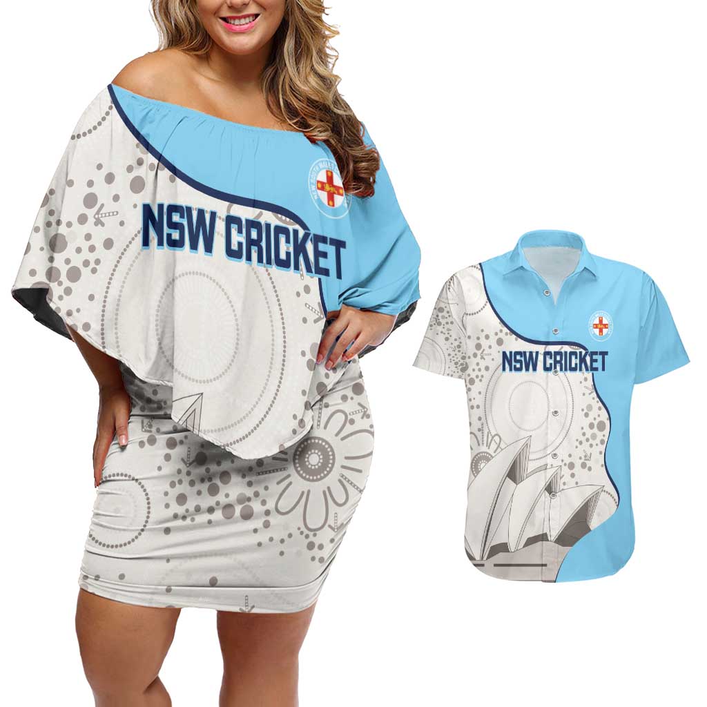 Custom New South Wales Cricket Couples Matching Off Shoulder Short Dress and Hawaiian Shirt Go NSW - Aboriginal Art