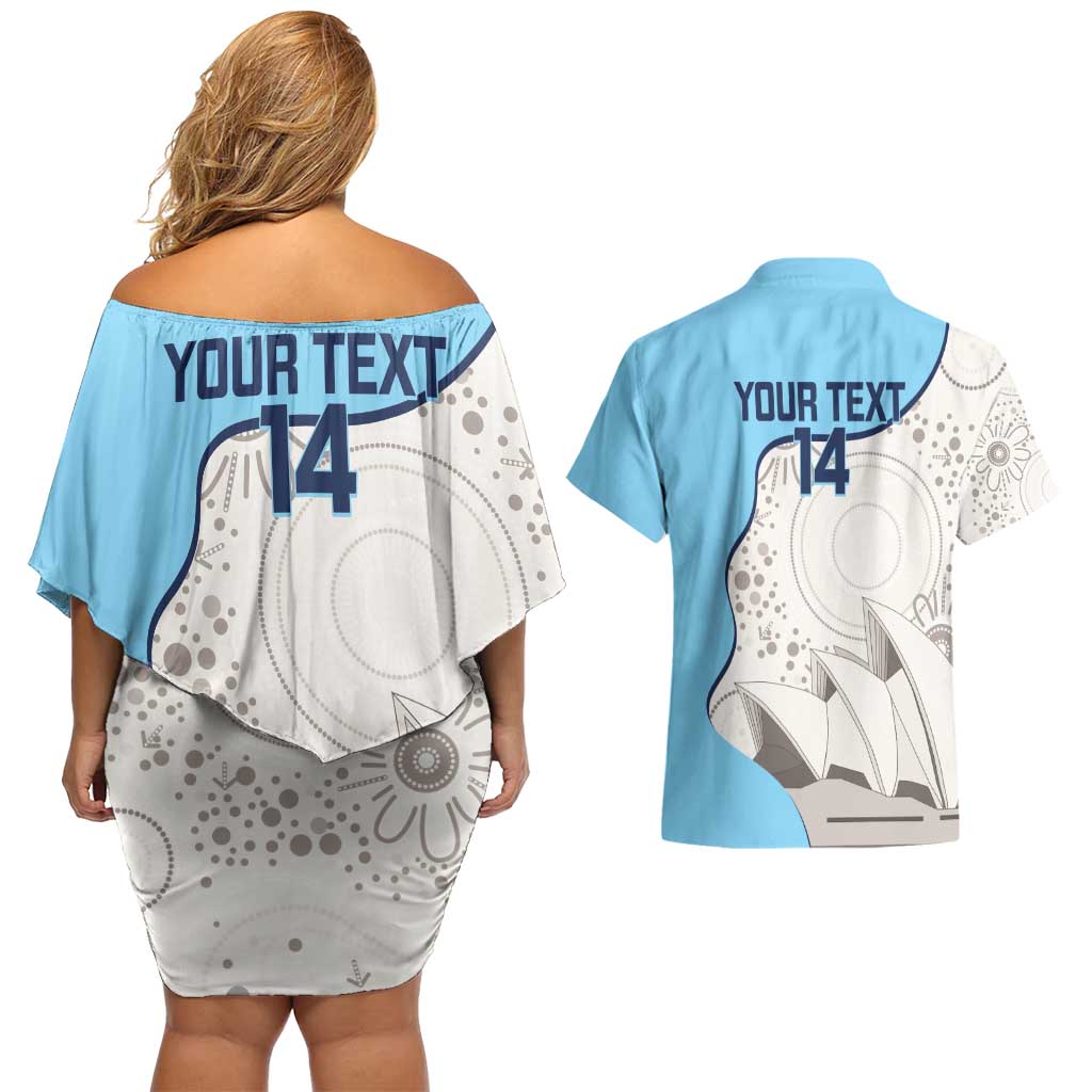 Custom New South Wales Cricket Couples Matching Off Shoulder Short Dress and Hawaiian Shirt Go NSW - Aboriginal Art