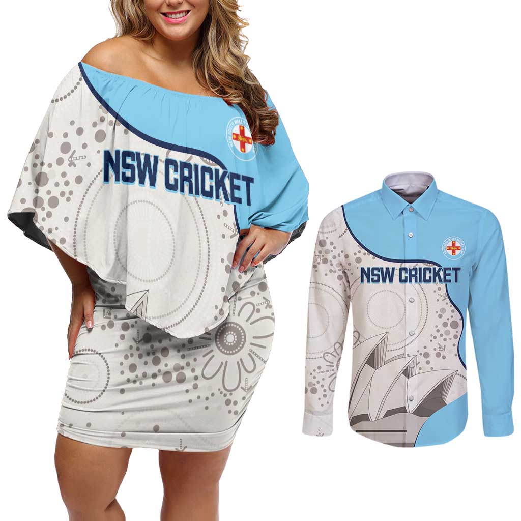 Custom New South Wales Cricket Couples Matching Off Shoulder Short Dress and Long Sleeve Button Shirt Go NSW - Aboriginal Art