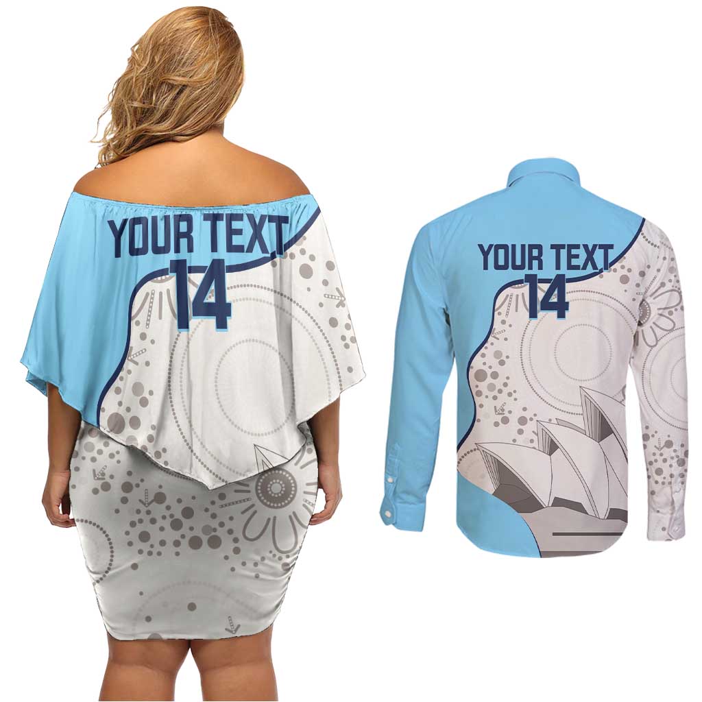 Custom New South Wales Cricket Couples Matching Off Shoulder Short Dress and Long Sleeve Button Shirt Go NSW - Aboriginal Art