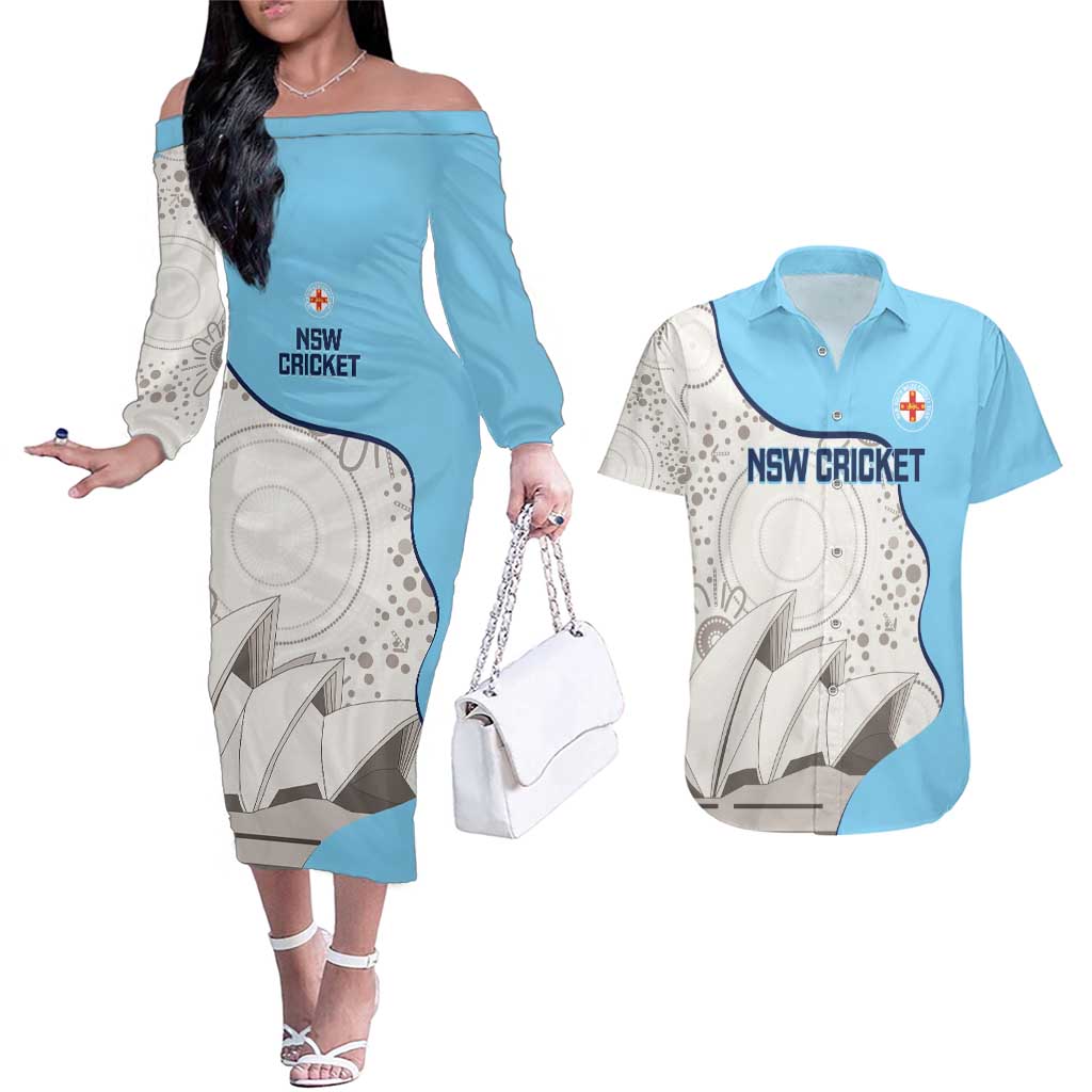 Custom New South Wales Cricket Couples Matching Off The Shoulder Long Sleeve Dress and Hawaiian Shirt Go NSW - Aboriginal Art