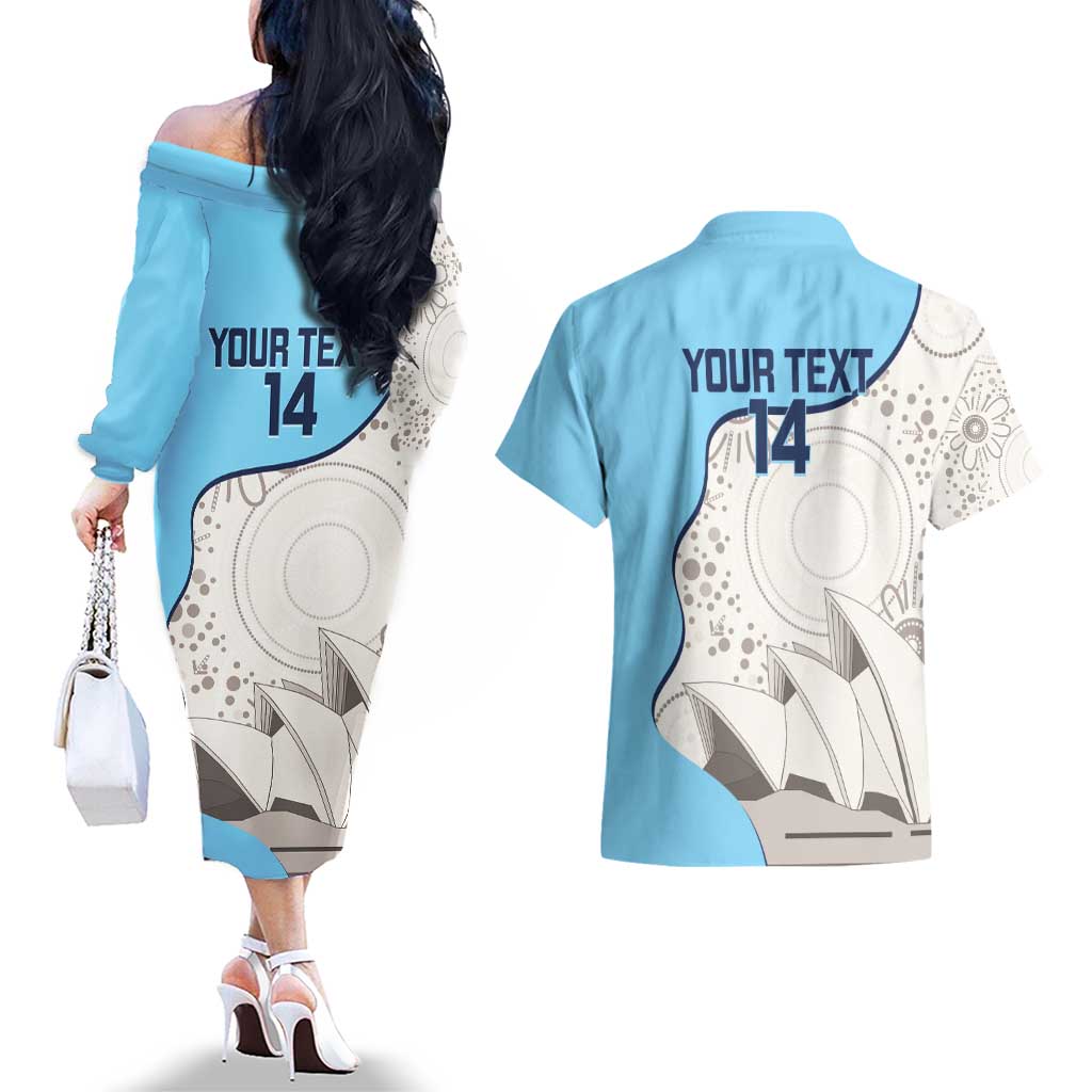 Custom New South Wales Cricket Couples Matching Off The Shoulder Long Sleeve Dress and Hawaiian Shirt Go NSW - Aboriginal Art