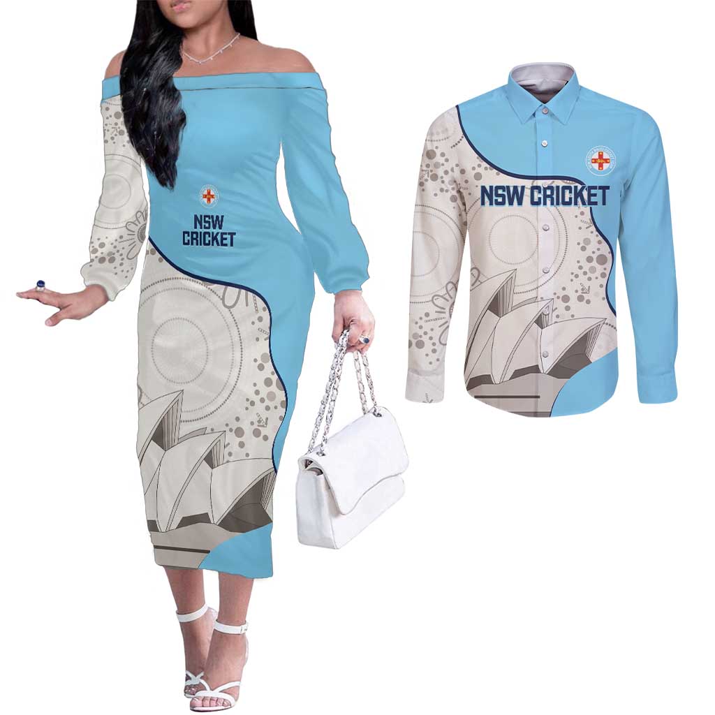 Custom New South Wales Cricket Couples Matching Off The Shoulder Long Sleeve Dress and Long Sleeve Button Shirt Go NSW - Aboriginal Art