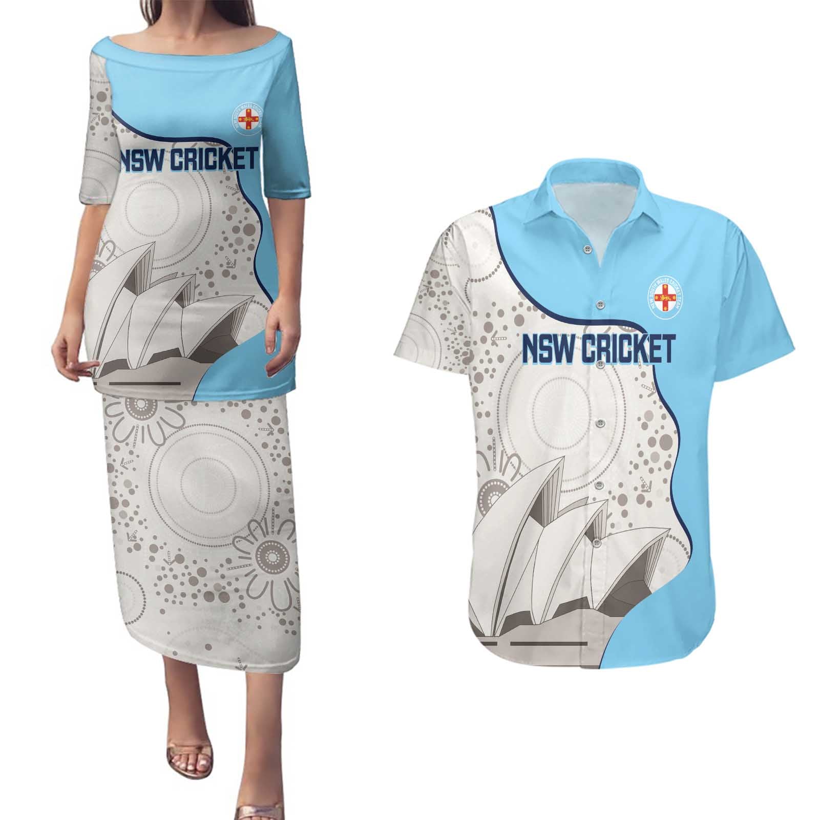 Custom New South Wales Cricket Couples Matching Puletasi and Hawaiian Shirt Go NSW - Aboriginal Art