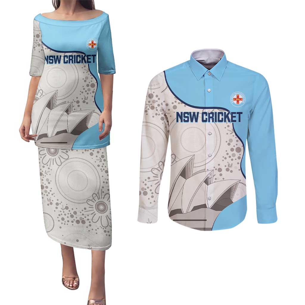 Custom New South Wales Cricket Couples Matching Puletasi and Long Sleeve Button Shirt Go NSW - Aboriginal Art