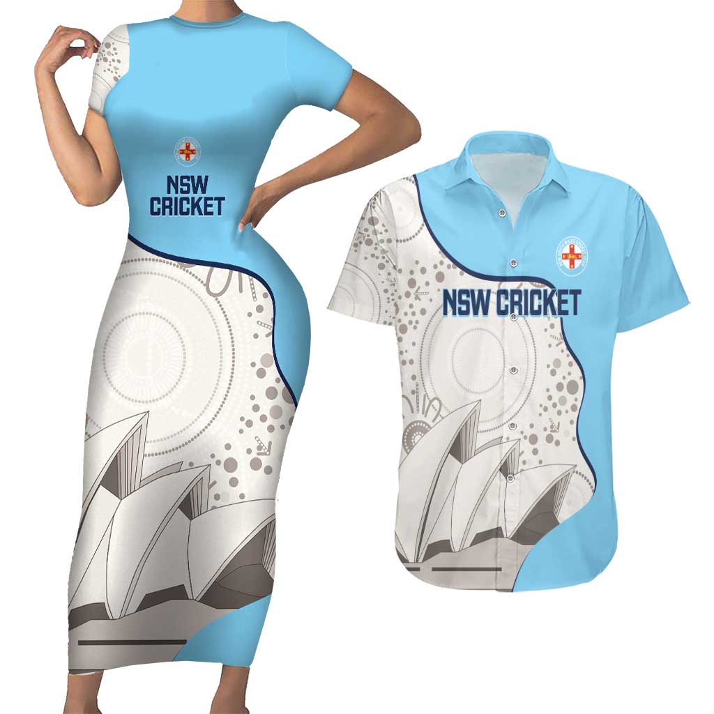 Custom New South Wales Cricket Couples Matching Short Sleeve Bodycon Dress and Hawaiian Shirt Go NSW - Aboriginal Art
