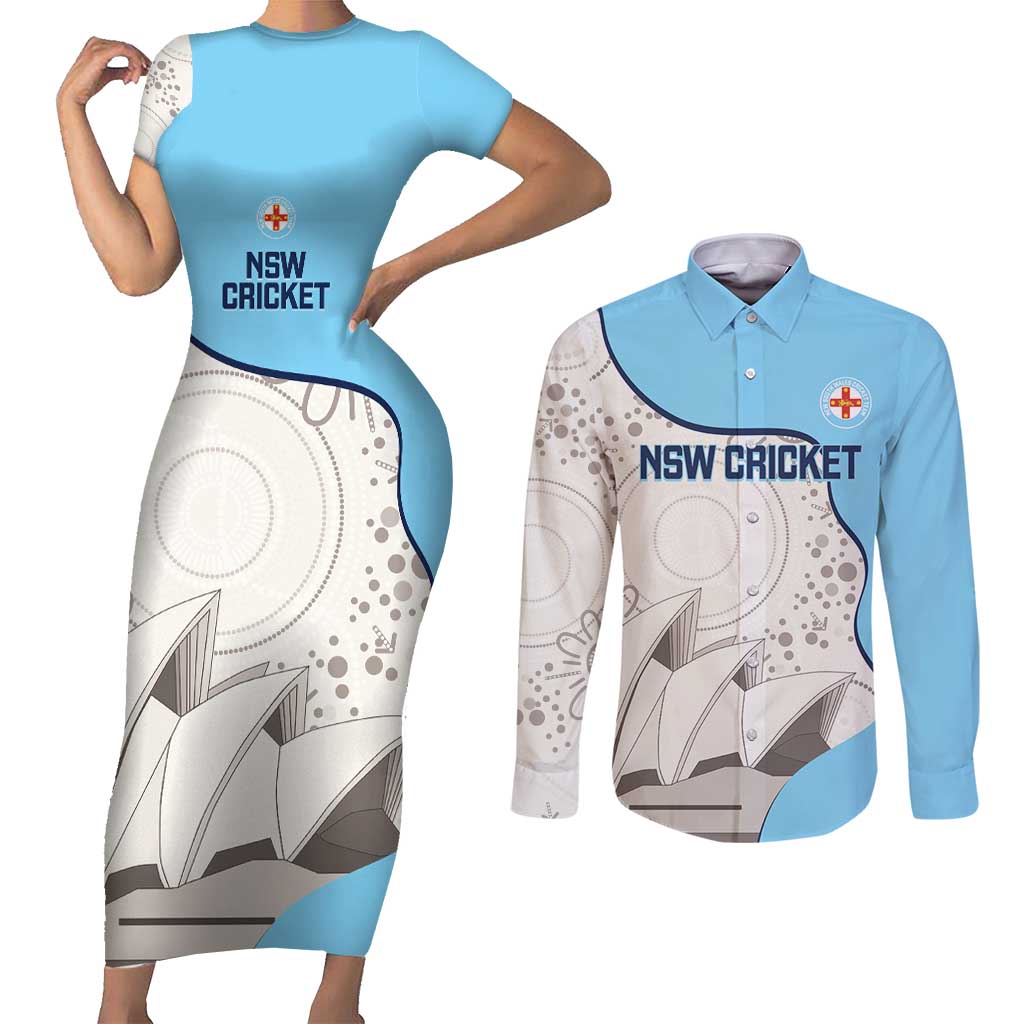 Custom New South Wales Cricket Couples Matching Short Sleeve Bodycon Dress and Long Sleeve Button Shirt Go NSW - Aboriginal Art
