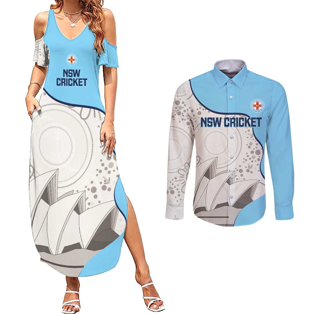 Custom New South Wales Cricket Couples Matching Summer Maxi Dress and Long Sleeve Button Shirt Go NSW - Aboriginal Art