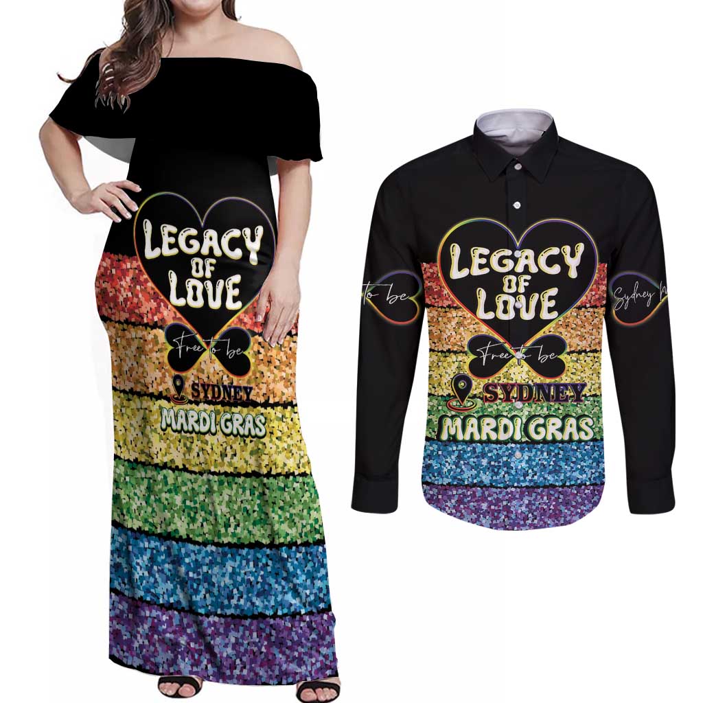 Free To Be Sydney Mardi Gras Couples Matching Off Shoulder Maxi Dress and Long Sleeve Button Shirt Legacy Of Love