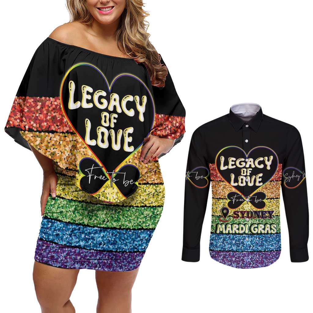 Free To Be Sydney Mardi Gras Couples Matching Off Shoulder Short Dress and Long Sleeve Button Shirt Legacy Of Love