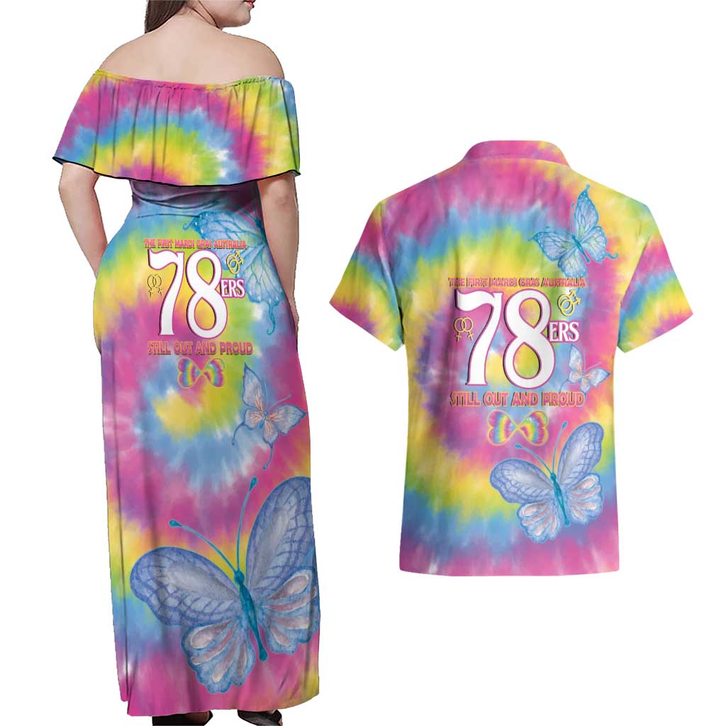First Sydney Madri Gras Australia Couples Matching Off Shoulder Maxi Dress and Hawaiian Shirt 78ers Still Out And Proud
