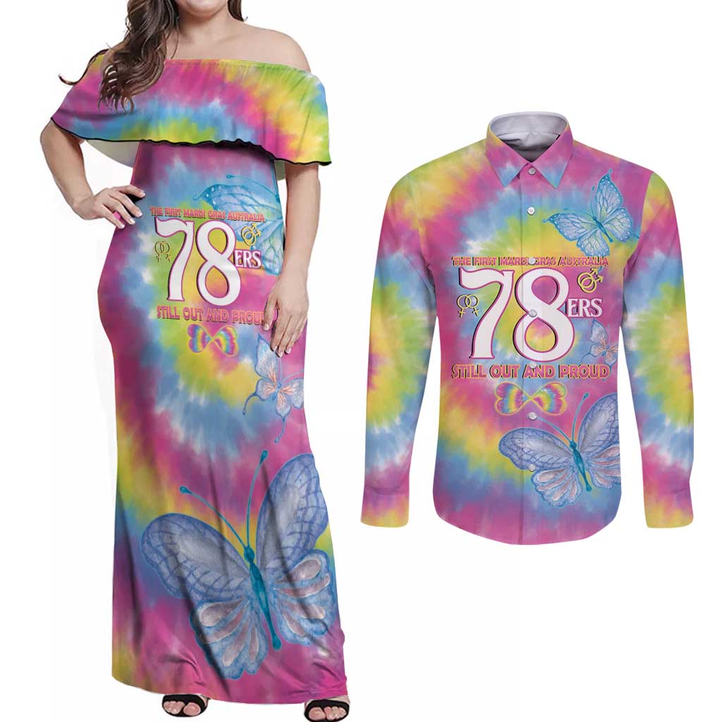 First Sydney Madri Gras Australia Couples Matching Off Shoulder Maxi Dress and Long Sleeve Button Shirt 78ers Still Out And Proud