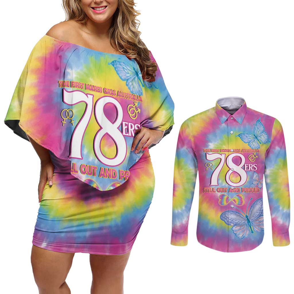 First Sydney Madri Gras Australia Couples Matching Off Shoulder Short Dress and Long Sleeve Button Shirt 78ers Still Out And Proud