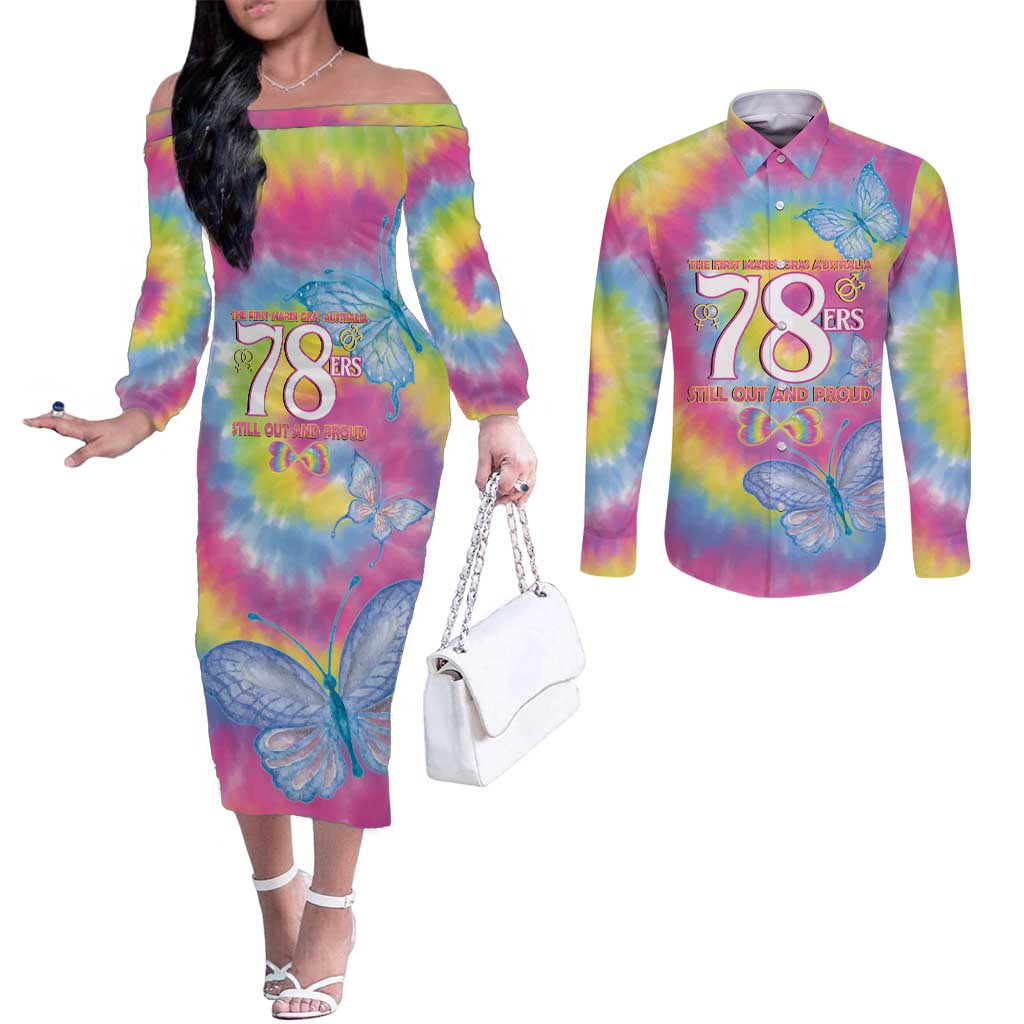 First Sydney Madri Gras Australia Couples Matching Off The Shoulder Long Sleeve Dress and Long Sleeve Button Shirt 78ers Still Out And Proud