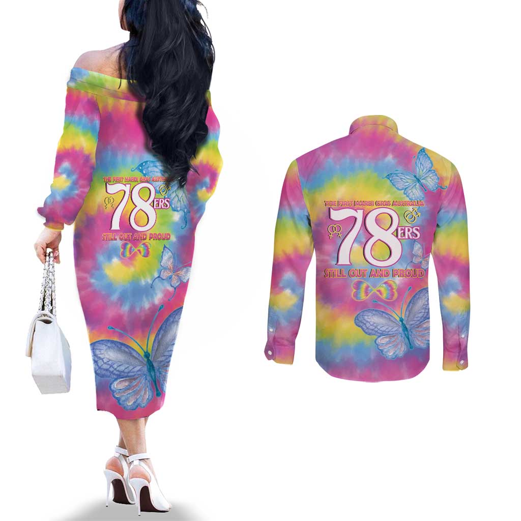 First Sydney Madri Gras Australia Couples Matching Off The Shoulder Long Sleeve Dress and Long Sleeve Button Shirt 78ers Still Out And Proud