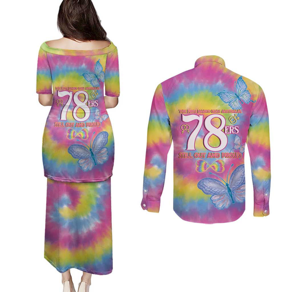 First Sydney Madri Gras Australia Couples Matching Puletasi and Long Sleeve Button Shirt 78ers Still Out And Proud