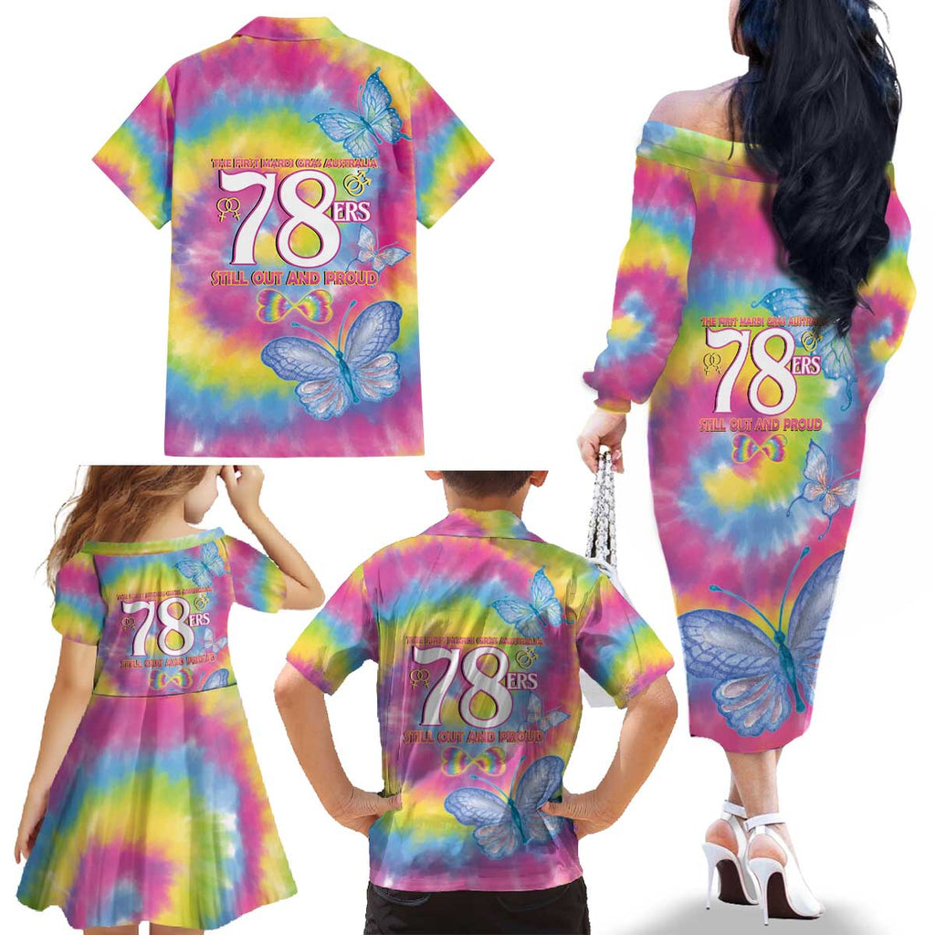First Sydney Madri Gras Australia Family Matching Off The Shoulder Long Sleeve Dress and Hawaiian Shirt 78ers Still Out And Proud