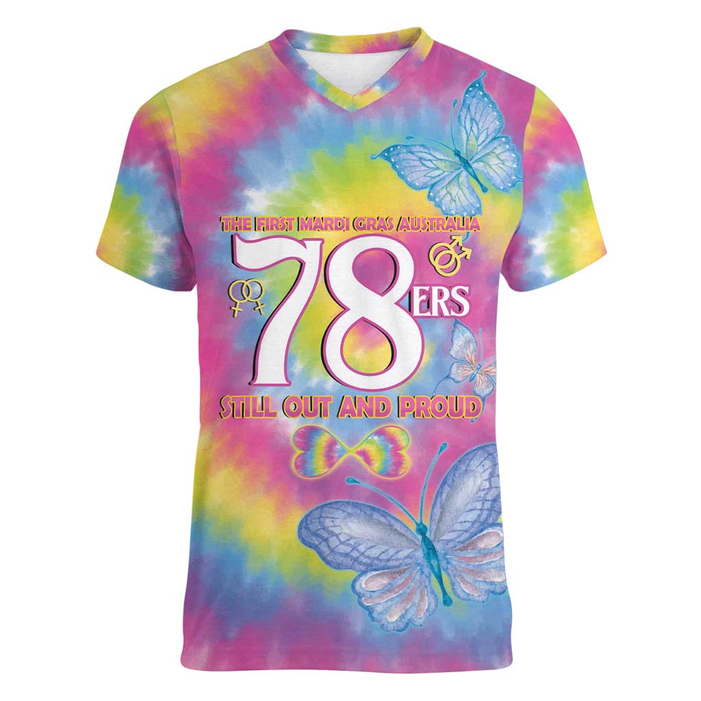 First Sydney Madri Gras Australia Women V-Neck T-Shirt 78ers Still Out And Proud