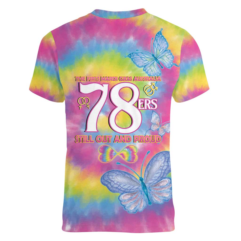 First Sydney Madri Gras Australia Women V-Neck T-Shirt 78ers Still Out And Proud