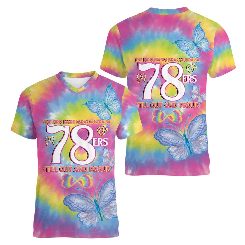 First Sydney Madri Gras Australia Women V-Neck T-Shirt 78ers Still Out And Proud