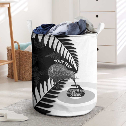New Zealand Silver Fern Curling Personalised Laundry Basket Aotearoa Kiwi Ponga Black White Version - Aussie Hoodie